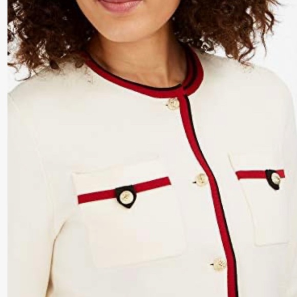 Anne Klein Ivory Knit Red Trim 4 Pockets Cardigan Embossed Gold Anchor Button XL - Picture 5 of 17